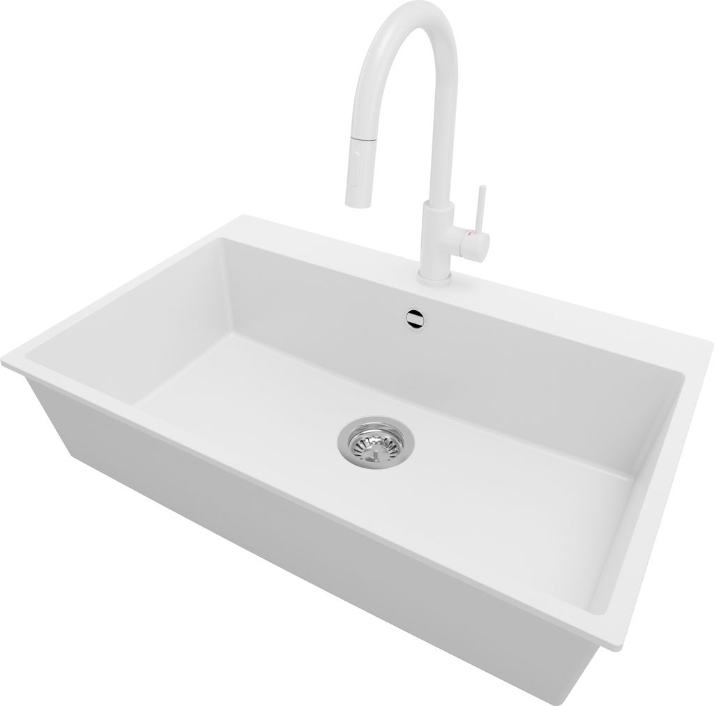 PRIMAGRAN Granitspüle Weiß 78x50cm, Spülbecken 1 Becken + Küchenarmatur 40x20cm + Ablauf-Set, Küchenspüle ab 80er Unterschrank - Riga