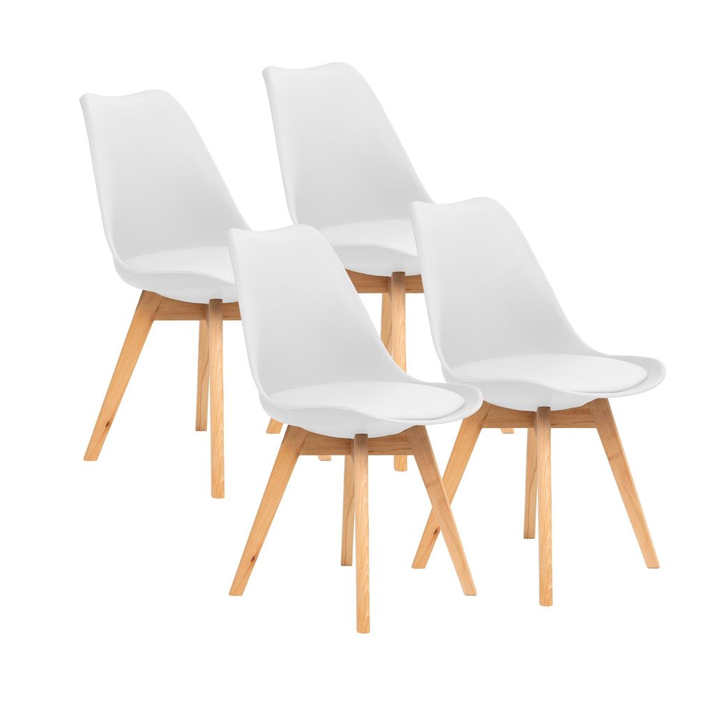 Four white dining chairs with wooden legs are arranged on a white background.