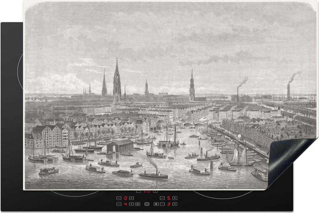 KitchenYeah Herdabdeckplatte Eine schwarz-weiße Illustration der Skyline von Hamburg , 80x52cm, Küche Deko, Glaskeramikkochfeld Herdabdeckung, ...