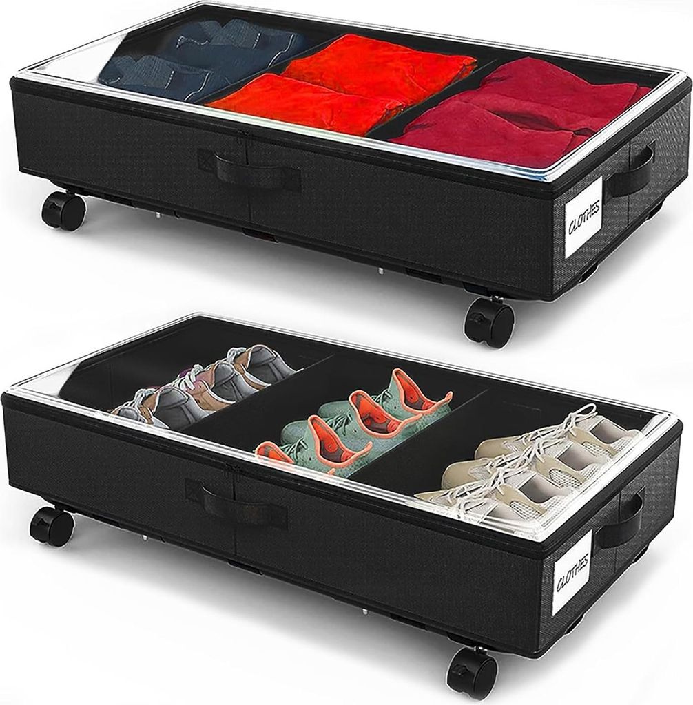 Set aus 2 Kleideraufbewahrungsboxen mit Rollen - Metallrahmen - Transparentes Sichtfenster - Faltbar - Unterbett Aufbewahrungsbox für Schuhe - Dec...