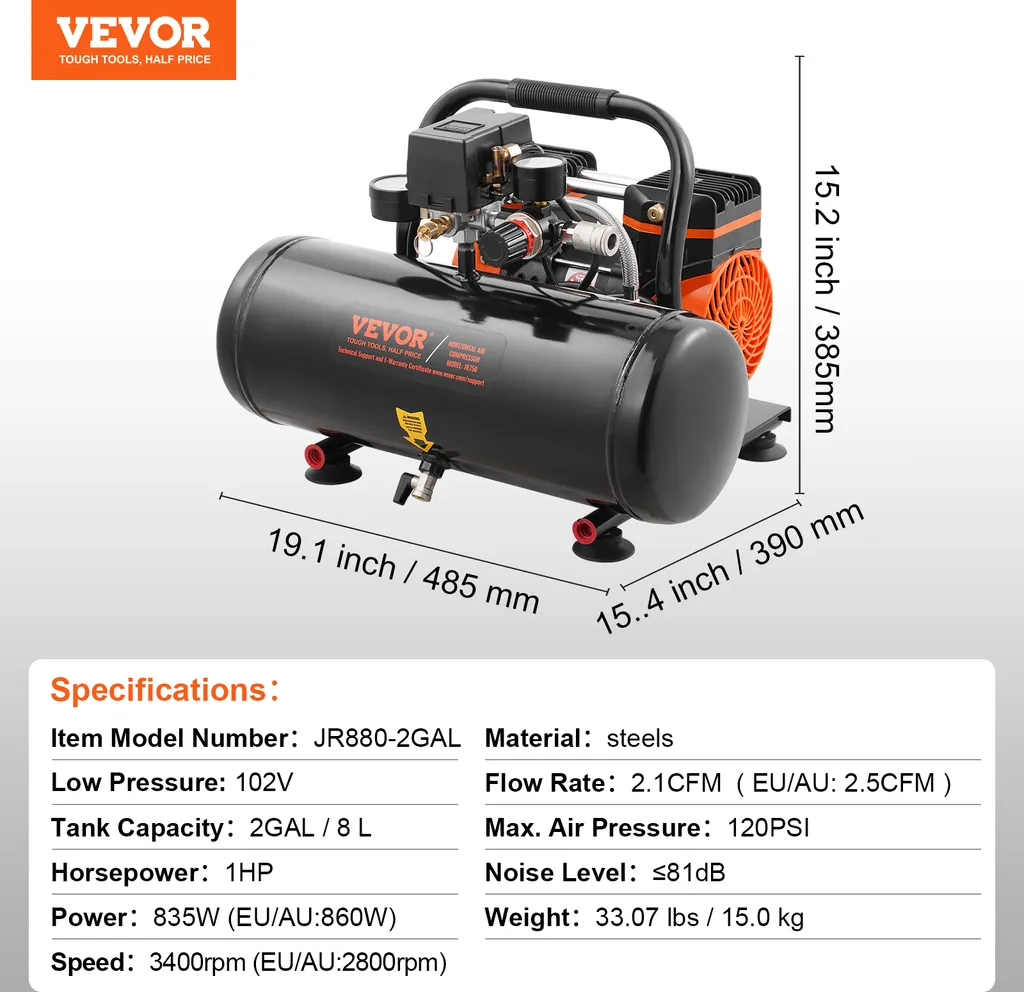 Compressore d'aria VEVOR, serbatoio d'acciaio da 2 galloni, 1 HP, 2,5 CFM, 8 bar, compressore d'aria senza olio e pressione massima di 120 PSI, 81 dB, compressore portatile ultra-silenzioso, per riparazioni auto, gonfiaggio pneumatici - 7