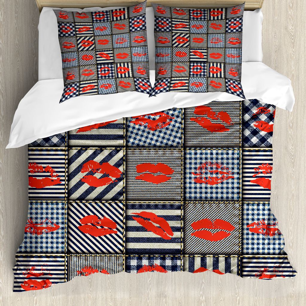ABAKUHAUS Bunt Bettbezug, Frau Kuss Lippenstift Kunst, Milbensicher Allergiker geeignet mit Kissenbezügen, 155 cm x 220 cm - 80 x 80 cm, Schwarz u...