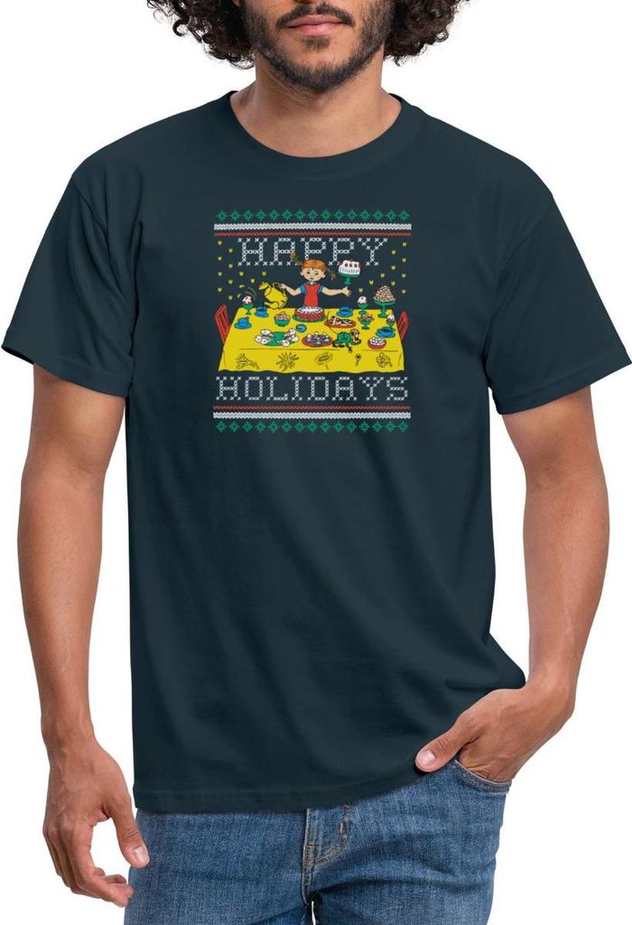Spreadshirt Pippi Langstrumpf Happy Holidays Ugly Christmas Männer T-Shirt, 3XL, Navy