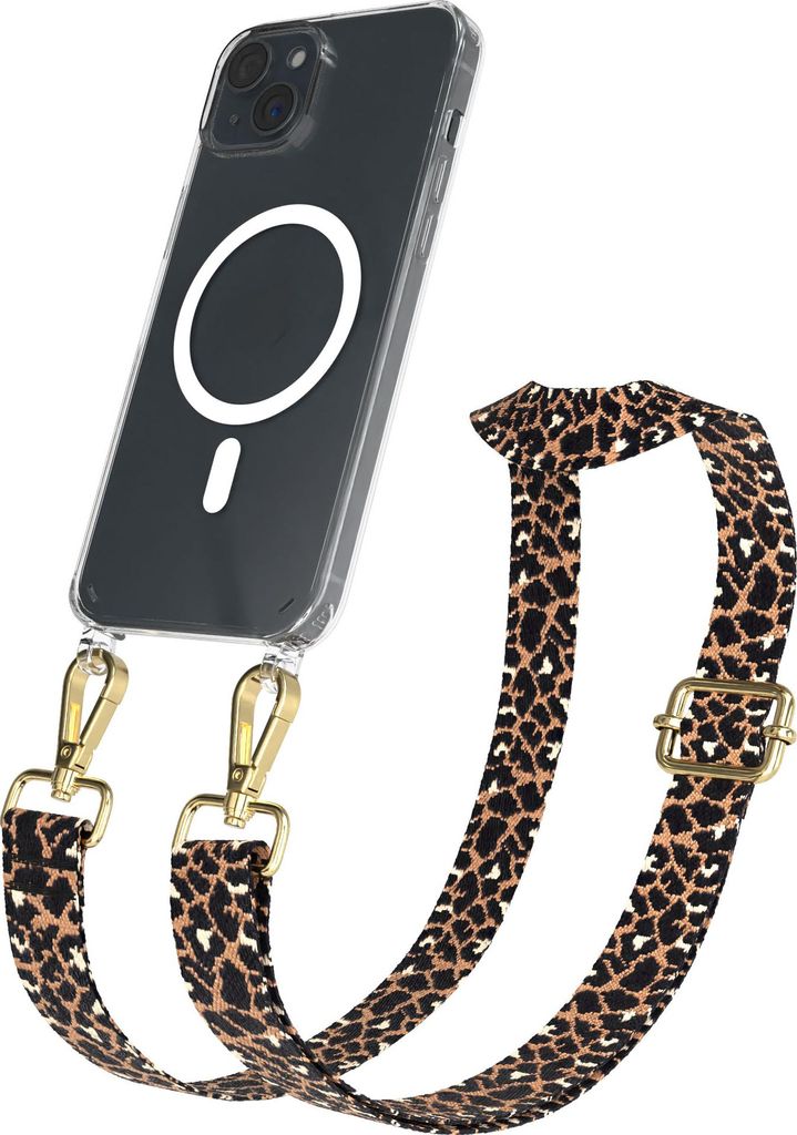 EAZY CASE - Handykette mit MagSafe Hülle für Apple iPhone 15 Plus, Handyband Leo Style, Karabiner Gold, Umhängeband in Schwarz