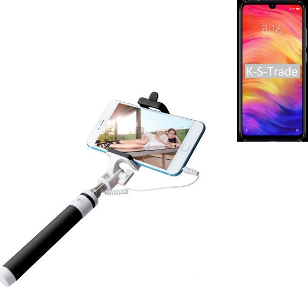 K-S-Trade Selfie Stick kompatibel mit Xiaomi Redmi Note 7 Global Selfiestick kabelgebunden Monopod mit Kabel Stab Stange Selfportrait Handheldstick