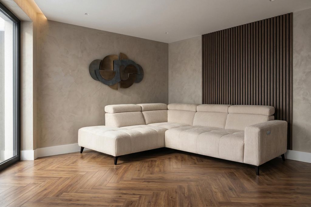 Modernes Ecksofa Velvet Cord beige mit elektrischer Relaxfunktion | Verstellbare Kopfstützen | Edles Design