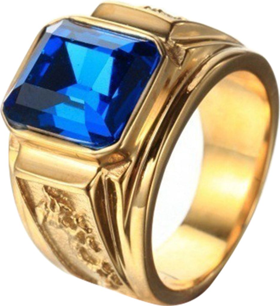 Retro Drachenschnitzerei Quadratischer Strass Kupfer Fingerring Herren Schmuck Dekor Geschenk-Gold + Blau,Men US 8