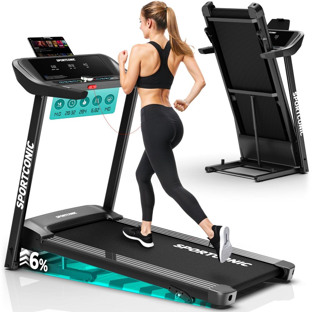 Sportconic Laufband für Zuhause 1-14 km/h, Klappbares Laufband, mit Steigung bis 6%, mit Tablet-Halter, LED Display, Pulsmesser
