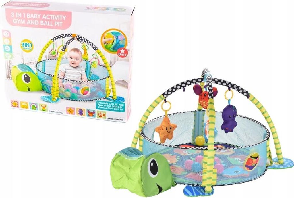 3in1 Spielmatte Baby Krabbeldecke Bällebad Laufstall Schildkröte mit Spielzeug