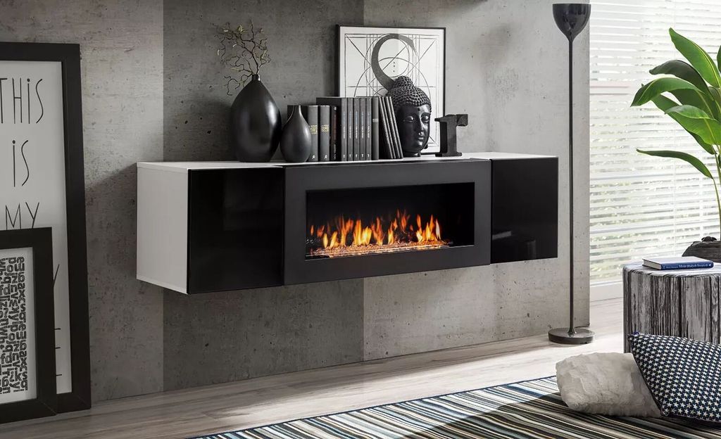 A modern living room with a wall-mounted media console featuring a bio-fireplace.