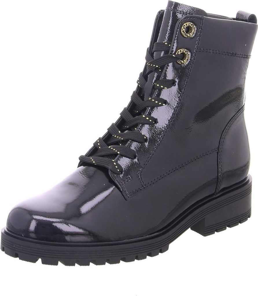 A black patent leather boot with laces and gold eyelets, shown against a white background.