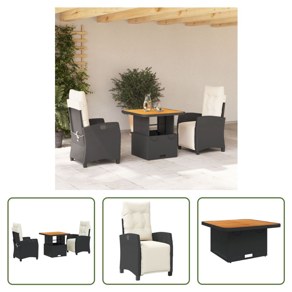 The Living Store 3-tlg. Garten-Essgruppe mit Kissen Schwarz Poly Rattan