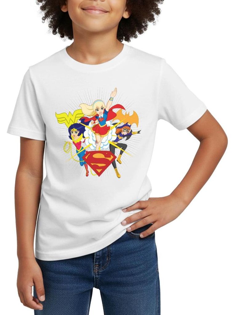 Spreadshirt Super Hero Girls Wonder Woman Supergirl Batgirl Kinder T-Shirt, 122/128 (7-8 Jahre), Weiß