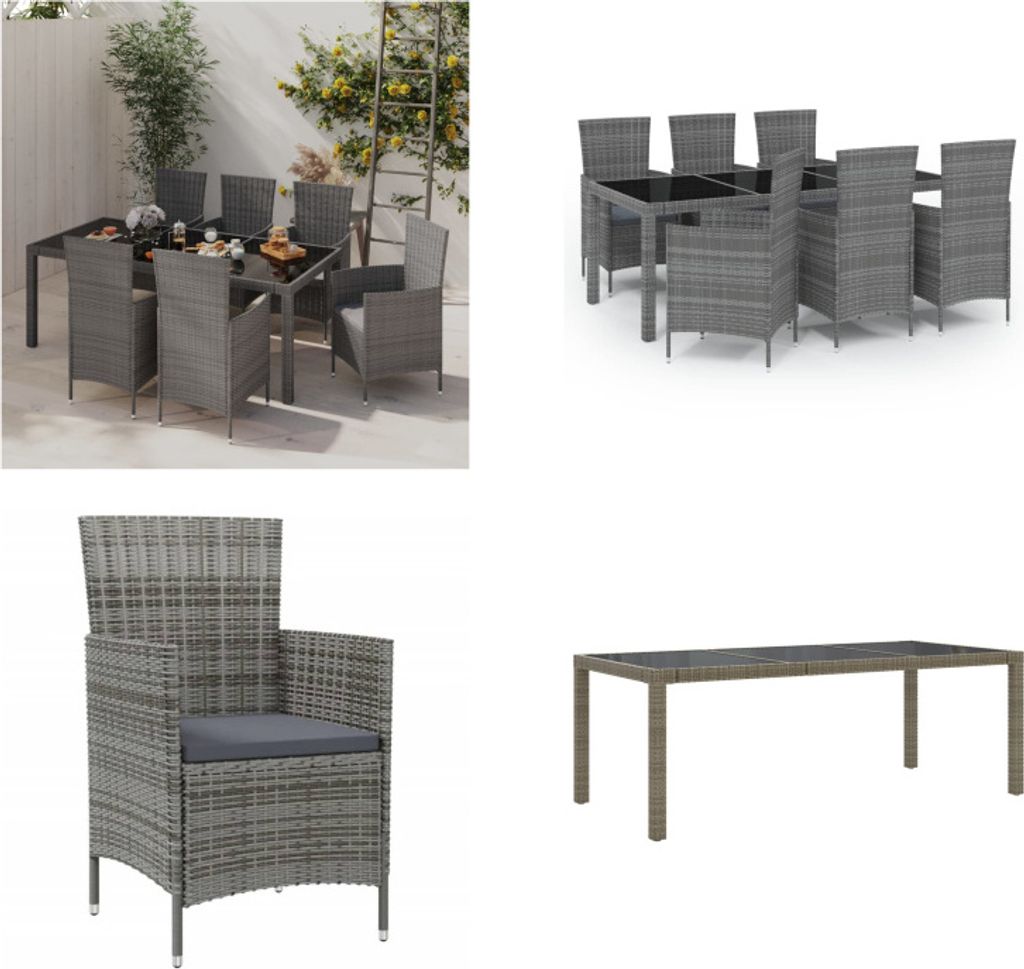 vidaXL 7 tlg. Garten Essgruppe mit Kissen Poly Rattan Grau - Garten Essgruppe - Garten Essgruppen - Outdoor Essgruppe - Essgruppe