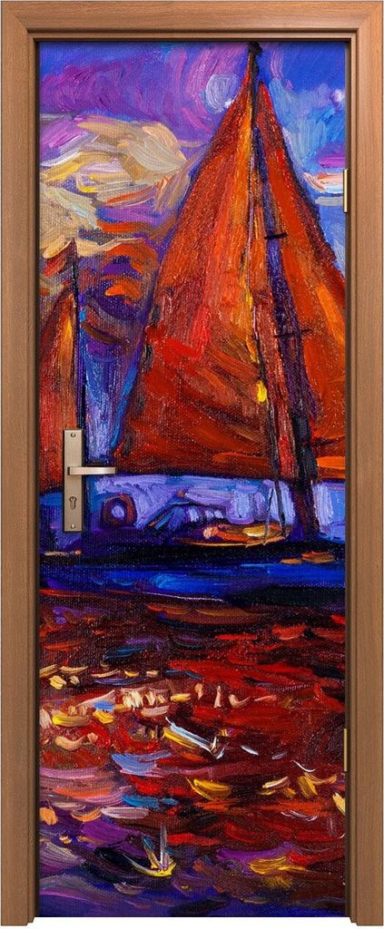 Türposter 70x200 cm Türaufkleber Türtapete Türfolie Klebefolie Kunst Seelandschaft Lila Segel Schiff