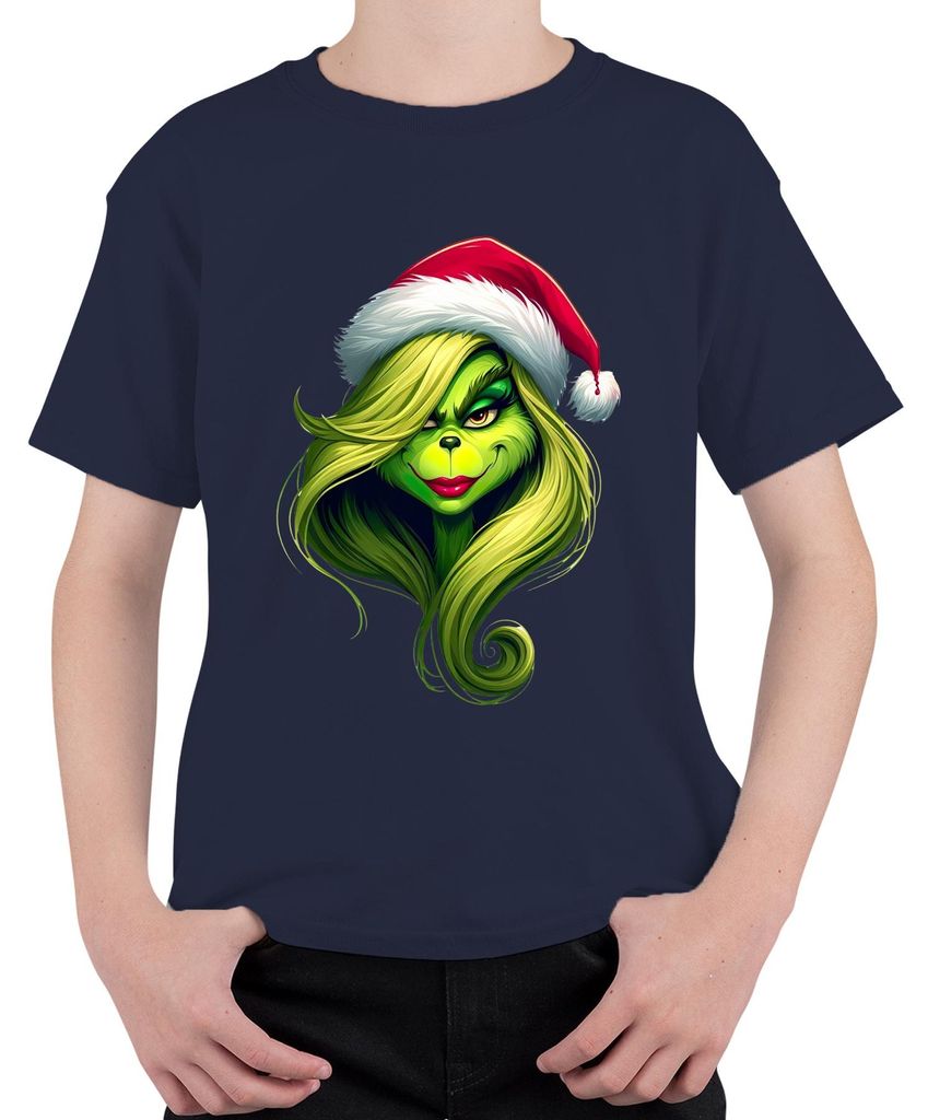 Grinch Weihnachten Geschenk grün Frau Santa Hut Haar lustig Uni Kinder T-Shirt, Navy, 104