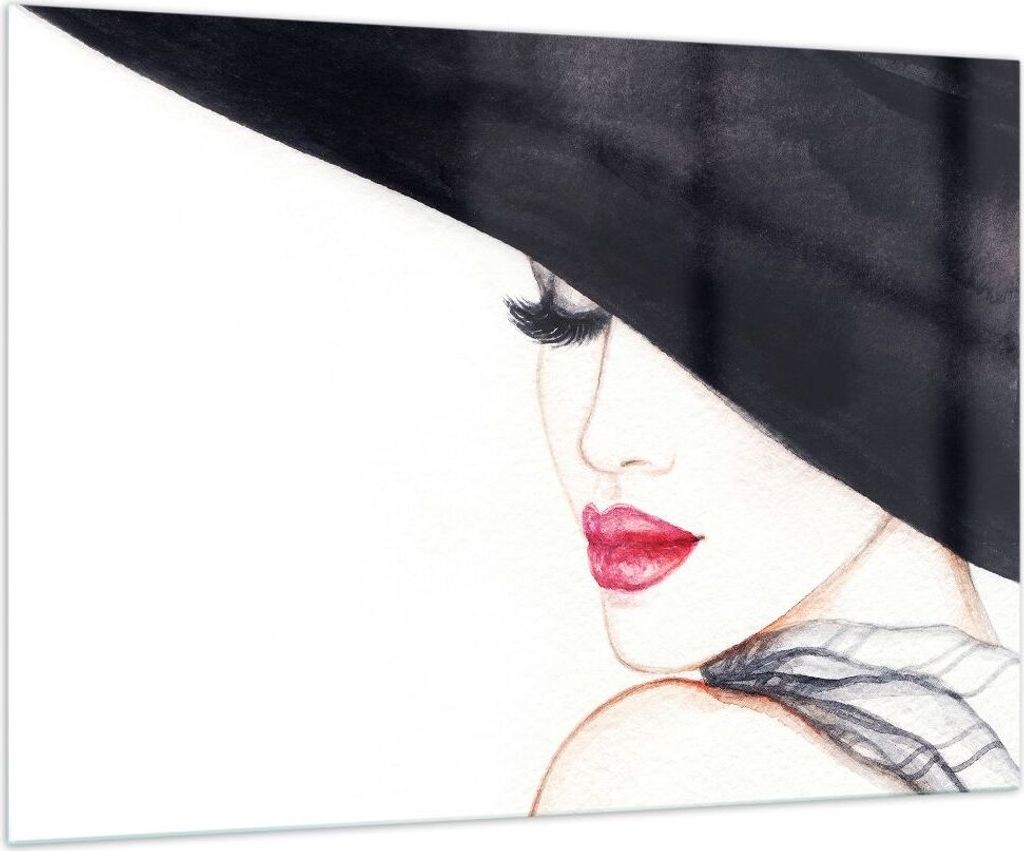 Bilder auf glas - Frau Lippen Hut Eleganz - 100x70cm - Glasbilder - Wandbilder - Kunstdruck - zum Aufhängen bereit - Wanddekoration aus Glas - Gla...