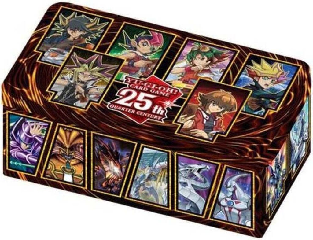 A tin box for Yu-Gi-Oh! trading cards, featuring artwork of various characters and monsters from the game.