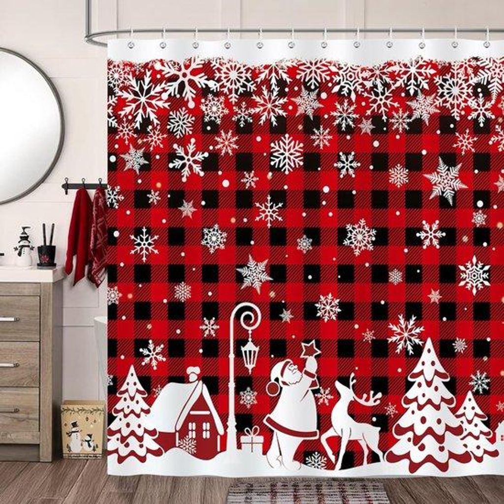 Weihnachtsduschvorhang - Wasserfest und Widerstandsfähig - Ein Stück - Rot-Schwarz