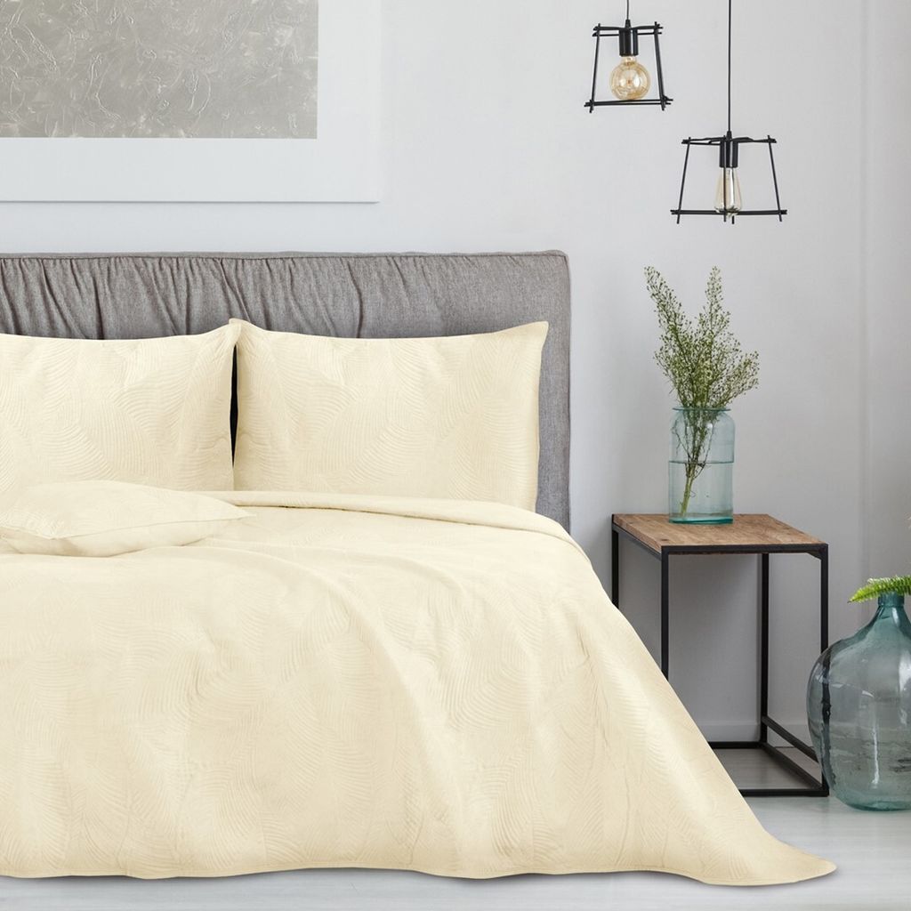 Tagesdecke Bettüberwurf Blättermuster Steppung Samt 170 x 270 cm - Beige
