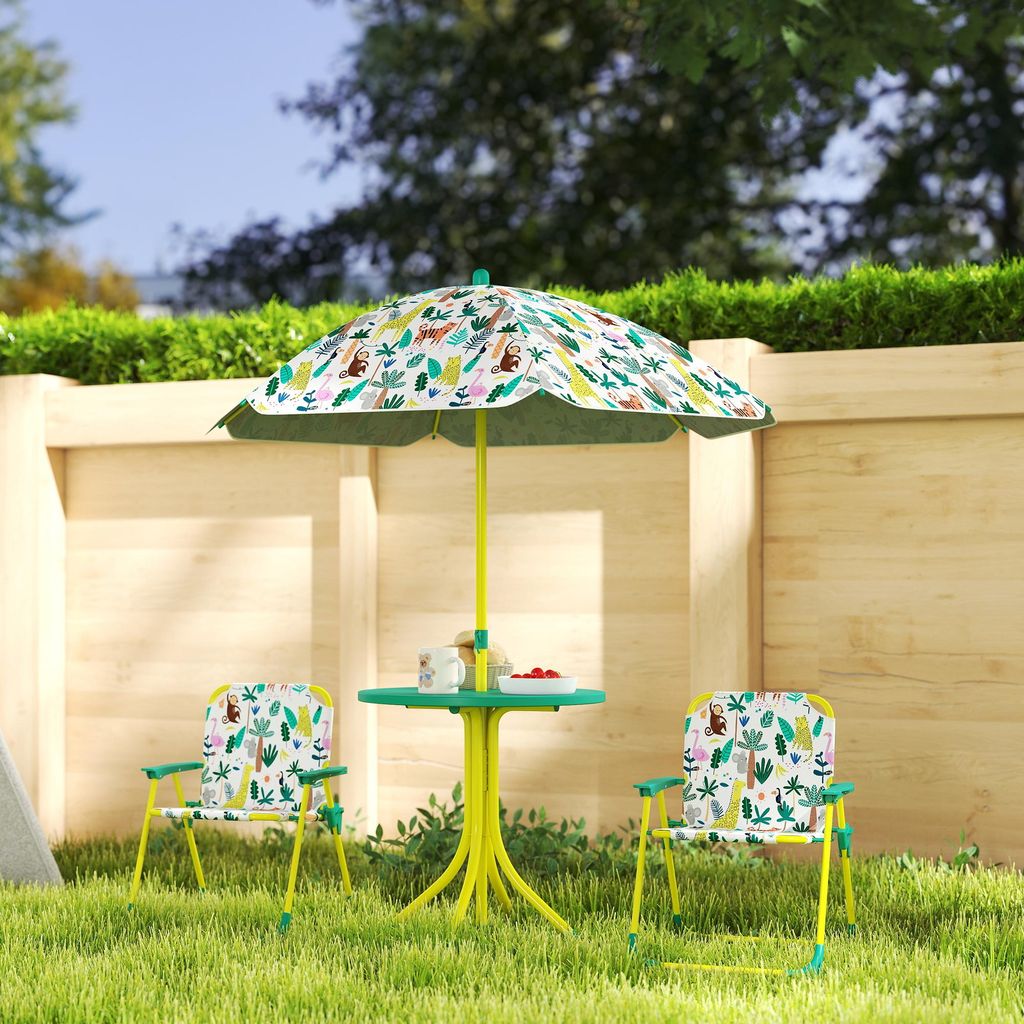 Kinder Gartenmöbel-Set mit Sonnenschirm, Dschungel-Design, Campingset faltbar, Grün | 49,5x49,5x50 cm | 2 Stühle + Tisch | Stahl & Polyester