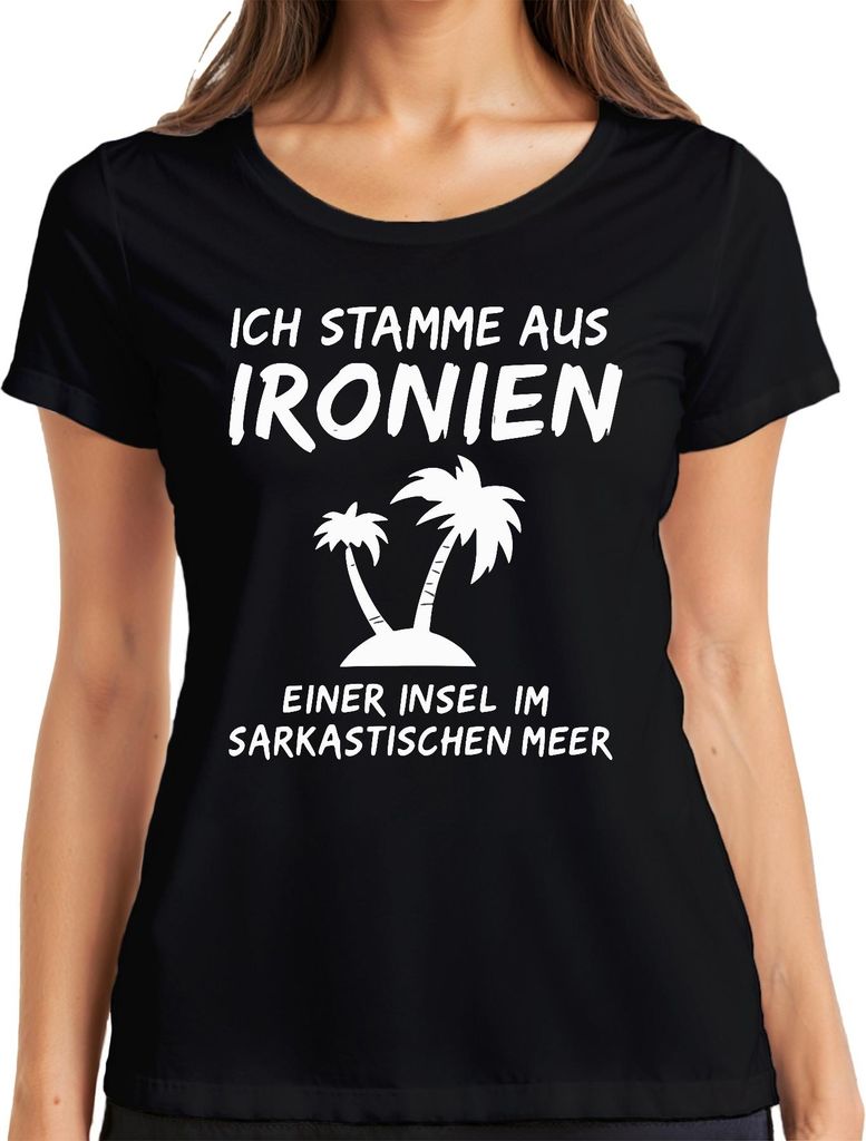 Ich stamme aus Ironien einer Insel Sarkastisch Humor Palmen Damen T-Shirt, Schwarz, XXL
