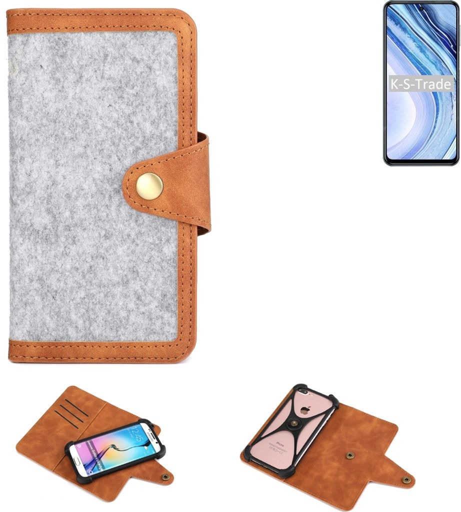 K-S-Trade Handyhülle kompatibel mit Xiaomi Redmi Note 9 Pro Max Schutzhülle Filz-Hülle Kunst-Leder hellgrau braun (1x)