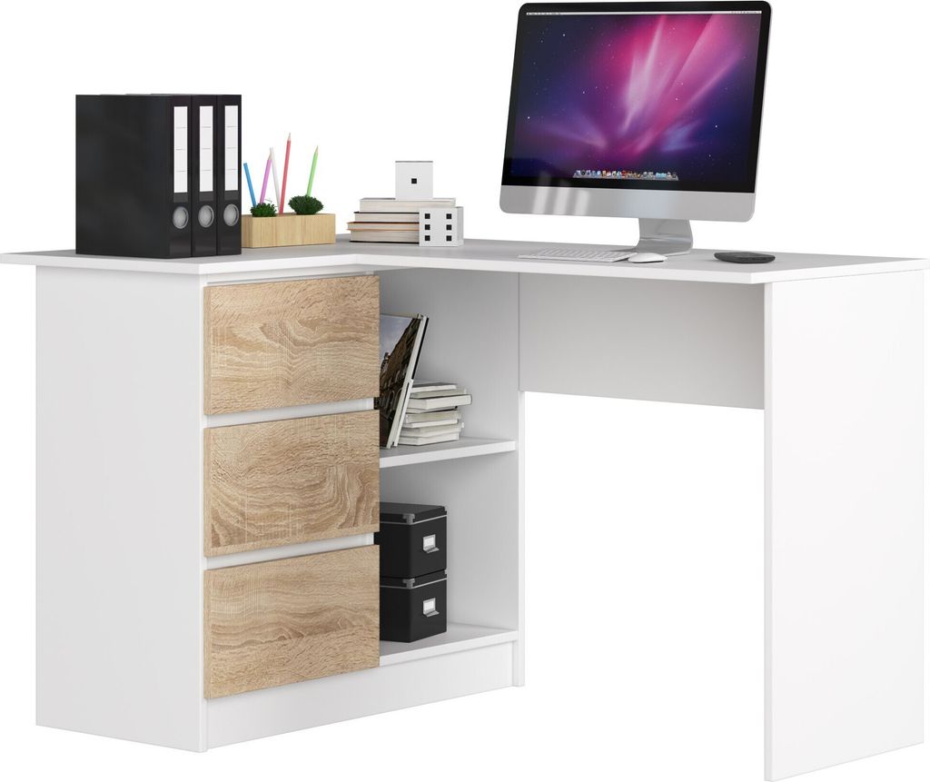 A white corner desk with wood-effect drawers and shelves, featuring a computer monitor and office supplies.