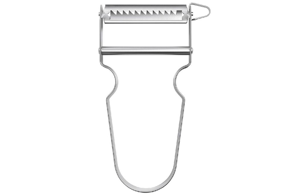 A silver julienne peeler is shown against a white background.