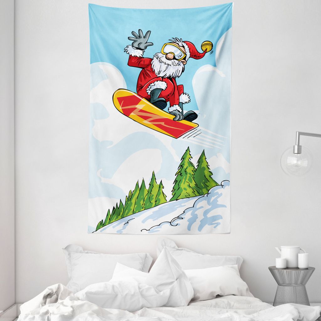 ABAKUHAUS Weihnachtsmann Wandteppich und Tagesdecke, Springen Sie auf Snowboard Pines aus Weiches Mikrofaser Stoff Waschbar ohne Verblassen Digital...