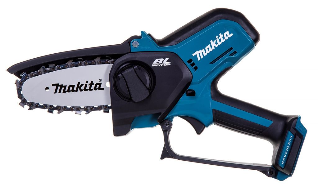 A cordless Makita chain saw is shown against a white background.