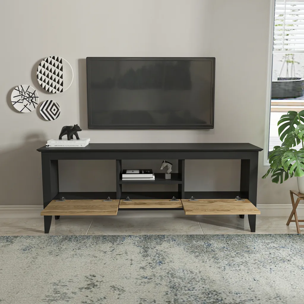 Banc TV Moderne Noir et Bois de 160 cm Decorotika Verde Style Nordique