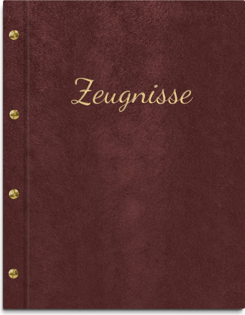 Zeugnismappe im kastanienfarbenen Einband in Felloptik, mit hochwertiger Beschriftung in gold – handgefertigte Mappe inkl. 12 Sichthüllen
