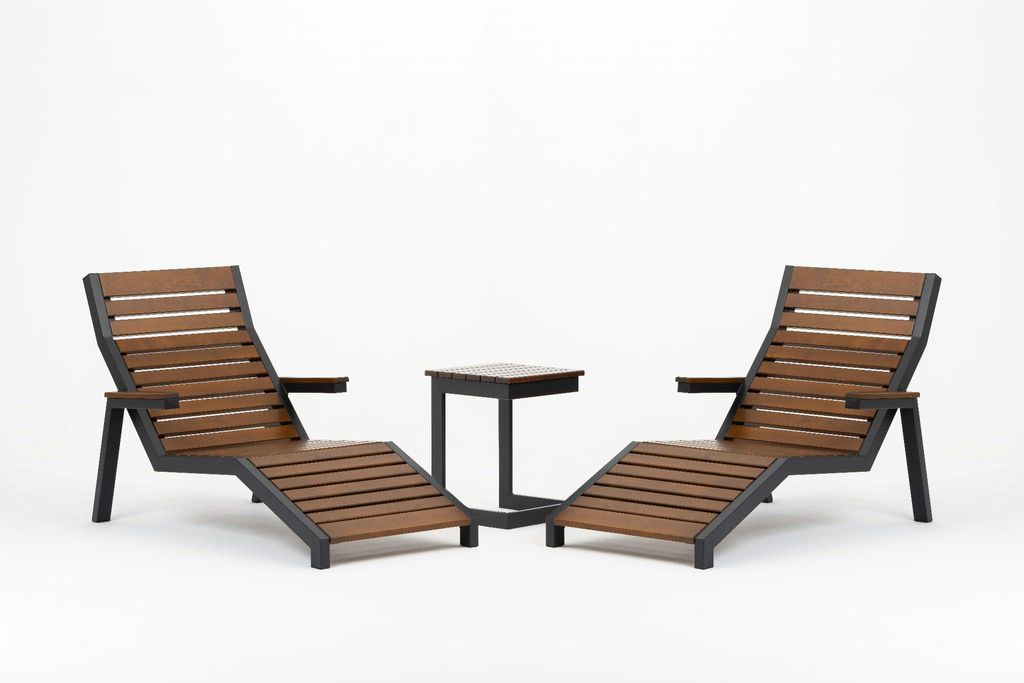 Sonnenliege Modern 2+1 - Set aus Gartenliegen und Tisch - Ein modernes Gartenmöbel-Set - Holz und Stahl - Loft - Wetterfest - Walnuss