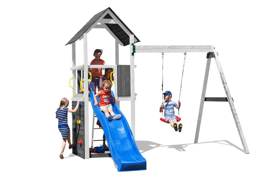 Fungoo Spielturm "Carol 2" grau/weiß mit Rutsche, Schaukel und Kletterwand