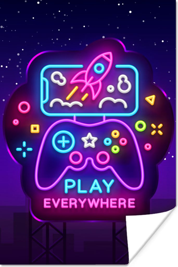 MuchoWow Poster Gaming - Neon - Spielen - Blau - Nacht - Controller 20x30 cm - Papierdruck