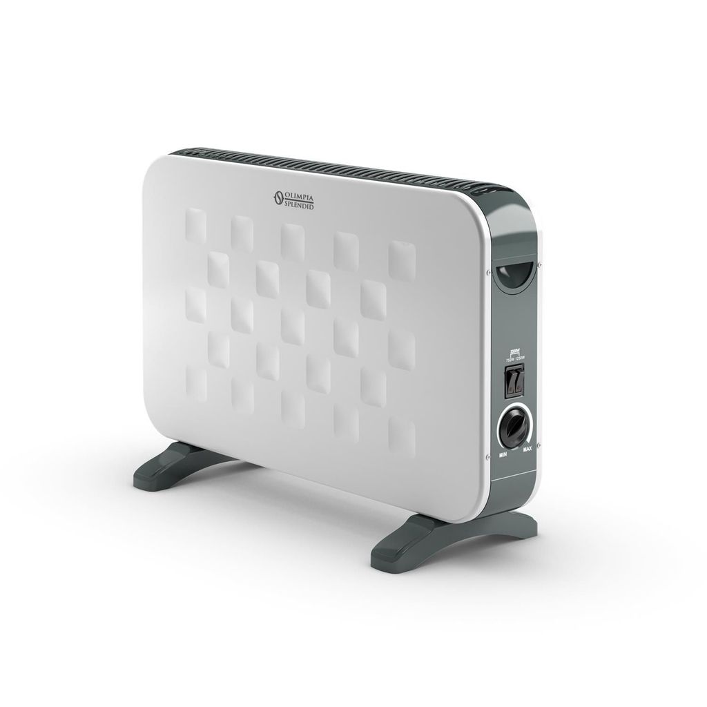 A white electric space heater with a diamond pattern on its front panel, shown on a white background.