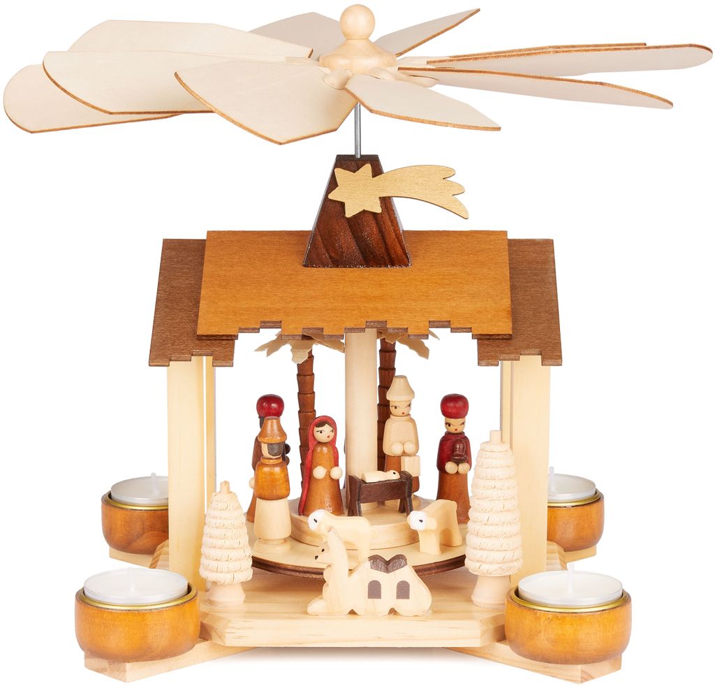 BRUBAKER Weihnachtspyramide aus Holz - Krippe mit Jesus, Maria, Josef und Stern von Betlehem - 28 cm Holzpyramide für Weihnachten - Teelichtpyramide