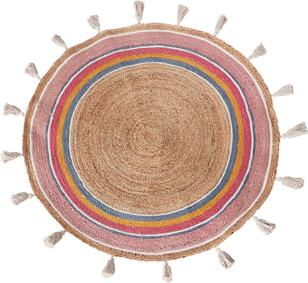 BELIANI Teppich Beige / Bunt Jute Rund 120 cm Kurzflor mit Kreisen Quasten Streifenmuster Handgewebt Boho für Fußbodenheizung Wohnzimmer Essz...