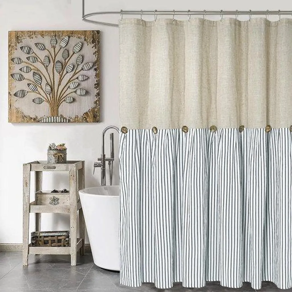 Rideau de douche rayé anti-adhérence à la peau, coloris beige et bleu nuit