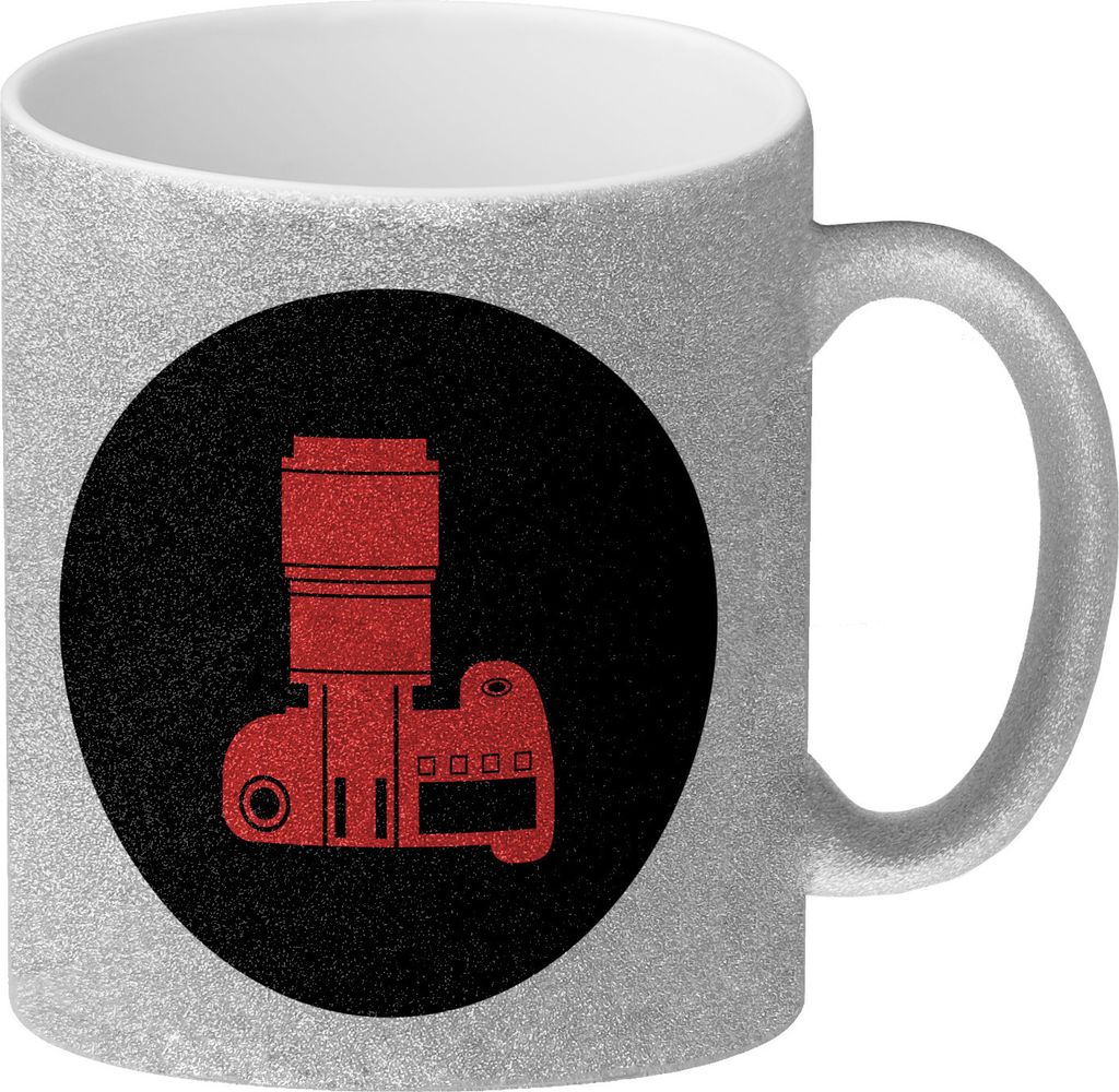 Fotografie Glitzer-Kaffeebecher mit Kamera Motiv in Rot