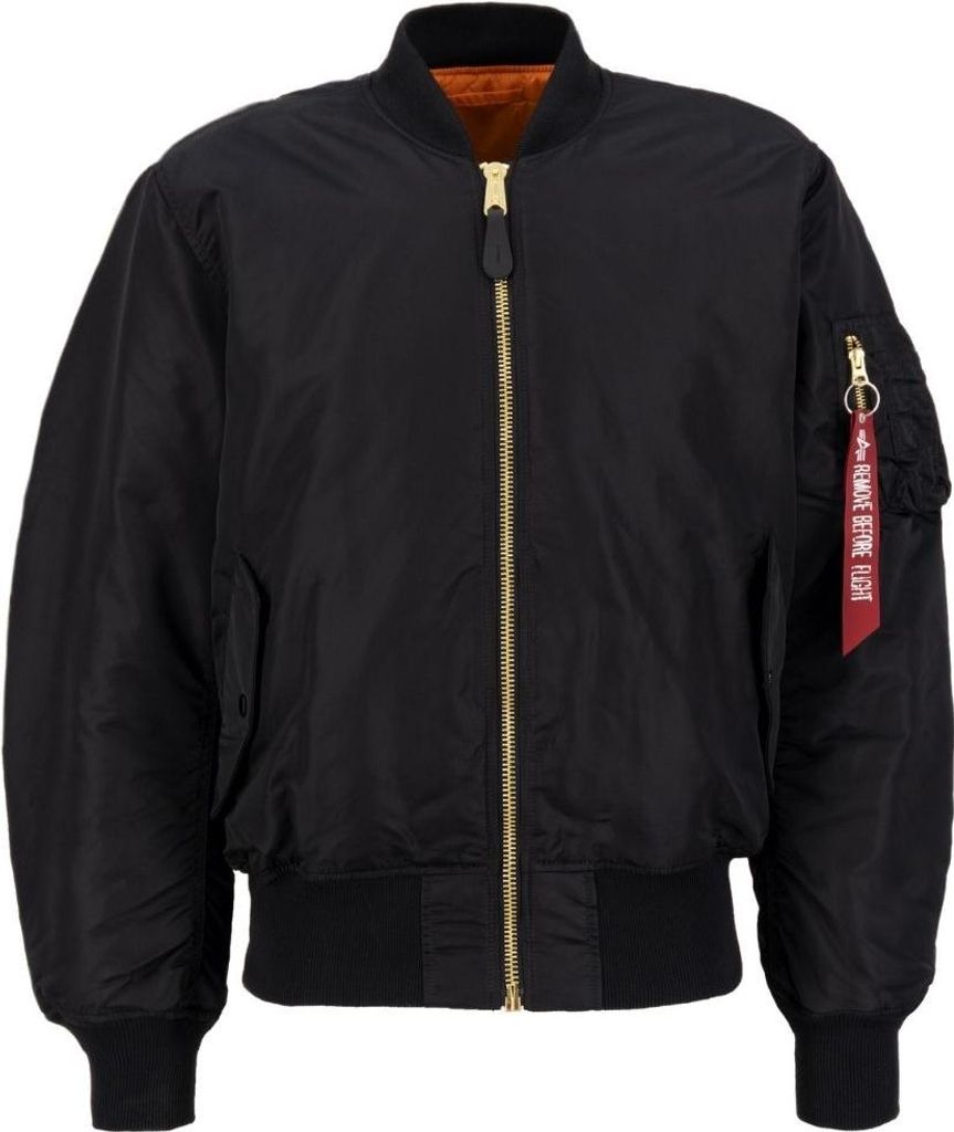 A black bomber jacket with an orange lining, gold zipper, and a red tag on the sleeve.