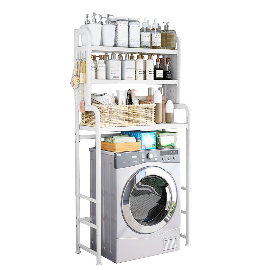 A white metal shelving unit placed over a washing machine, filled with various toiletries and cleaning supplies.