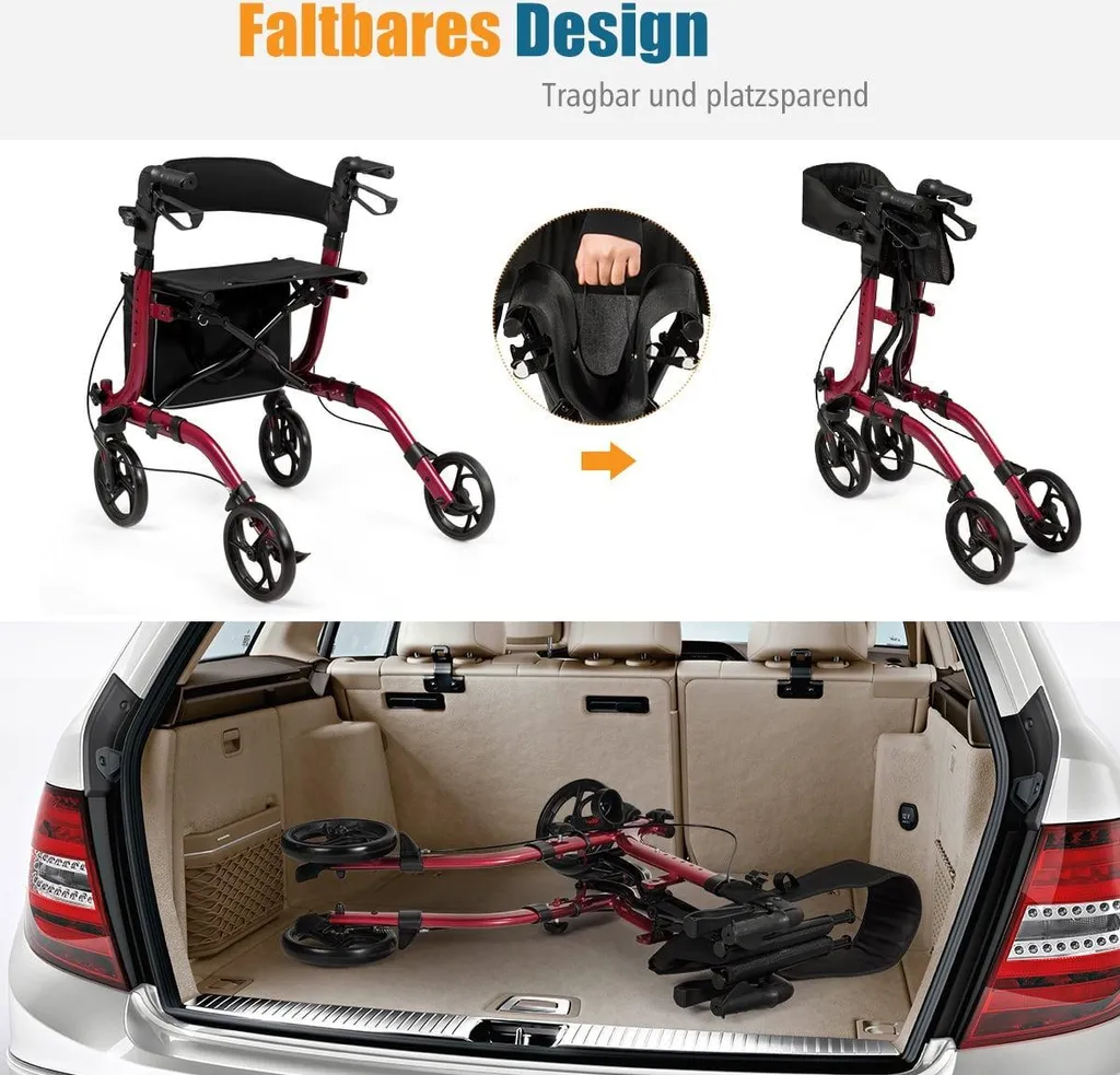 Rollator 4 roues pliable rouge réglable - Aide à la marche ergonomique - 4