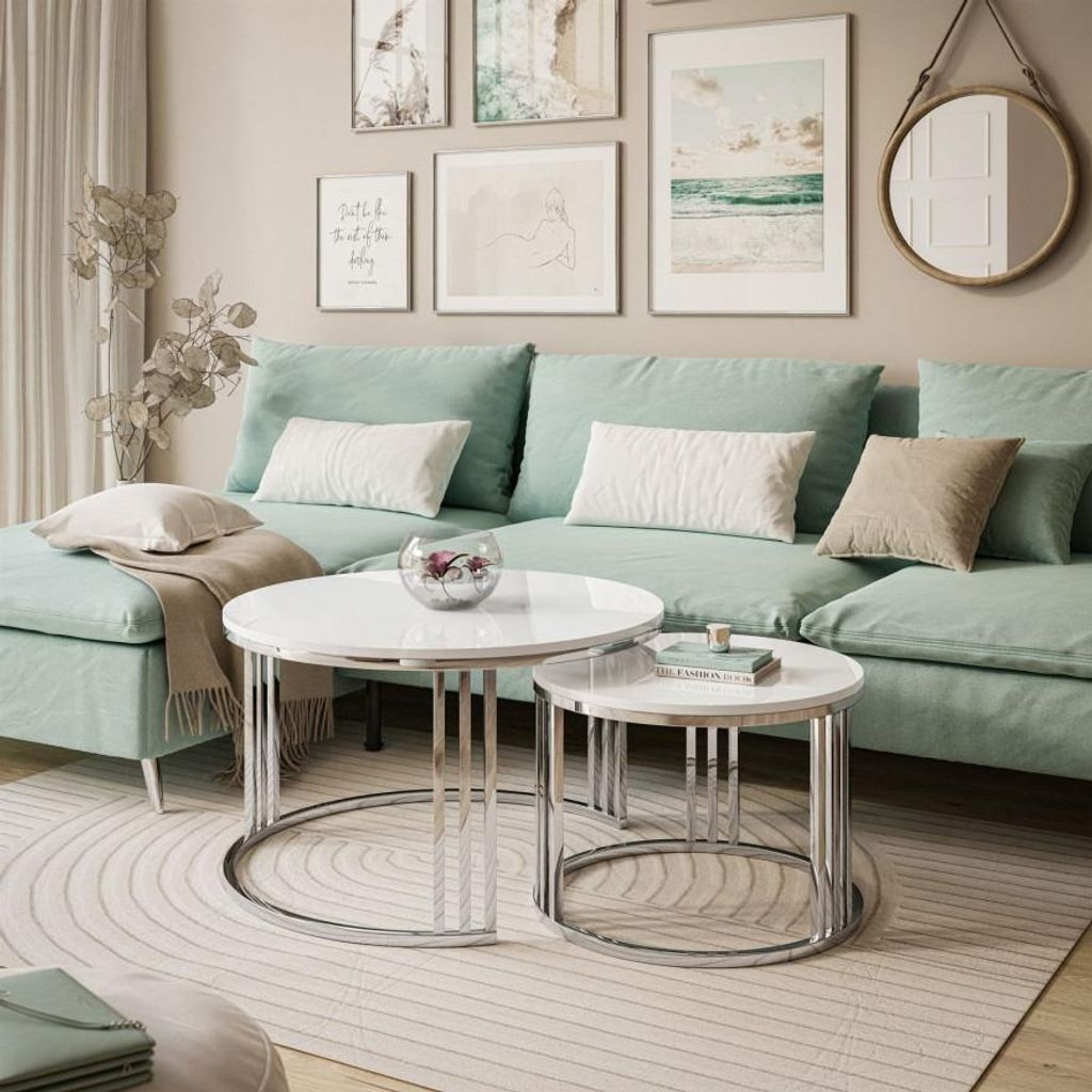 Runder Couchtisch 2in1 LORI silberner Chrom Hochglanz Produktbild 