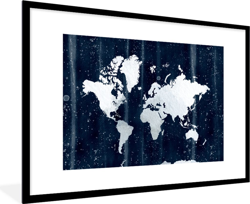 MuchoWow MuchoWow Gerahmtes Poster Weltkarte - Weiß - Blau 90x60 cm - Poster mit zchwarzem Bilderrahmen - Wanddekoration - Fotos