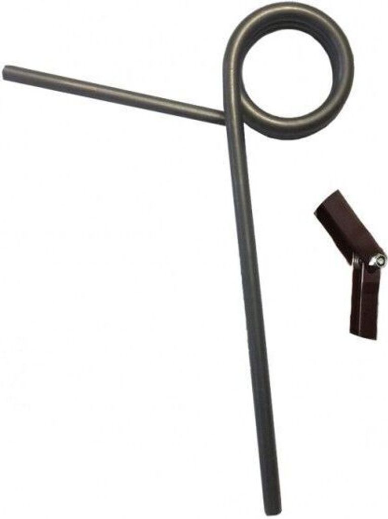 A single metal spring with a coiled end and two straight arms, shown against a white background. A small, dark brown, hinged component is also visible to the right.