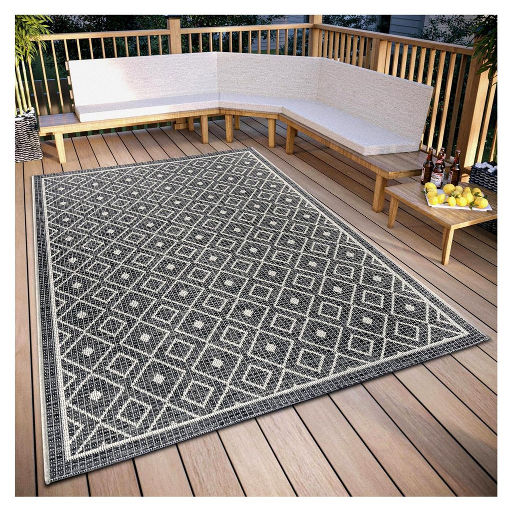 Wetterfester Outdoor-Teppich – Modernes geometrisches Rautenmuster, robuster Flachgewebe-Teppich für Garten, Balkon, Terrasse, Wohnzimmer – Gr...