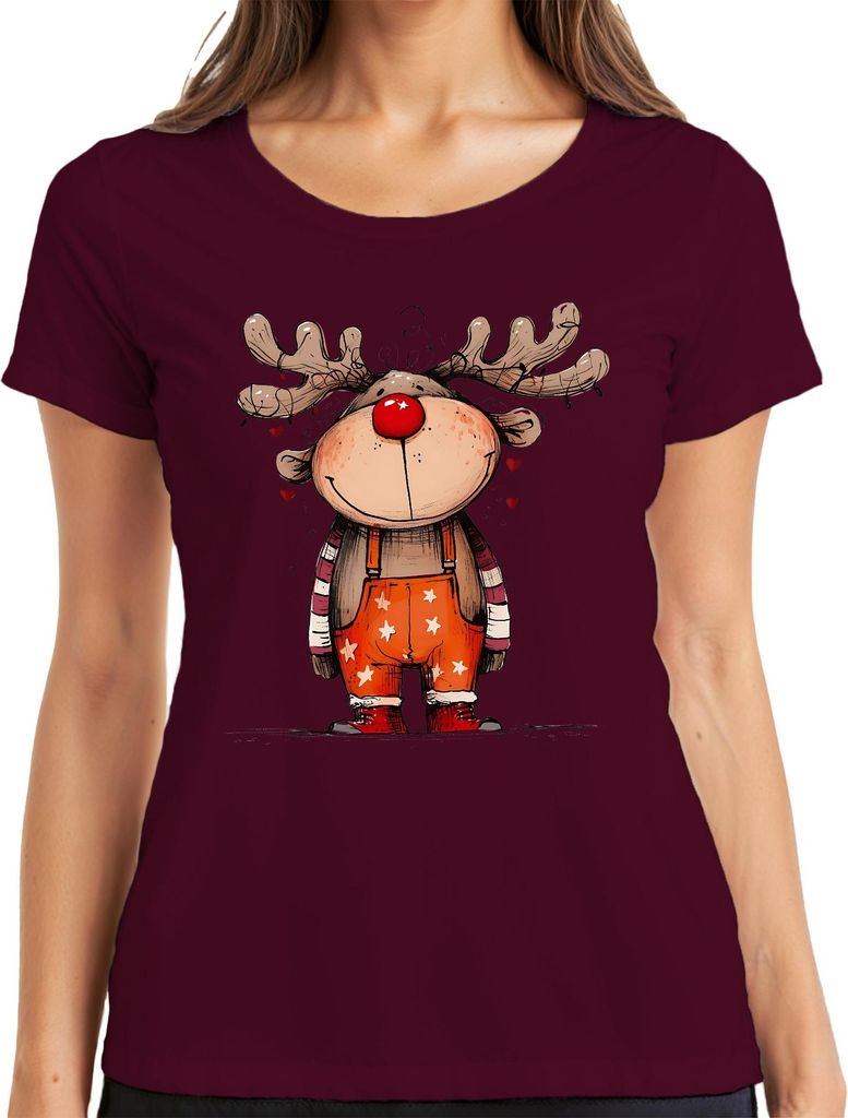 Niedliches Rentier mit roter Nase Rudolf Weihnachten Geschenk Damen T-Shirt, Burgundy, XXL