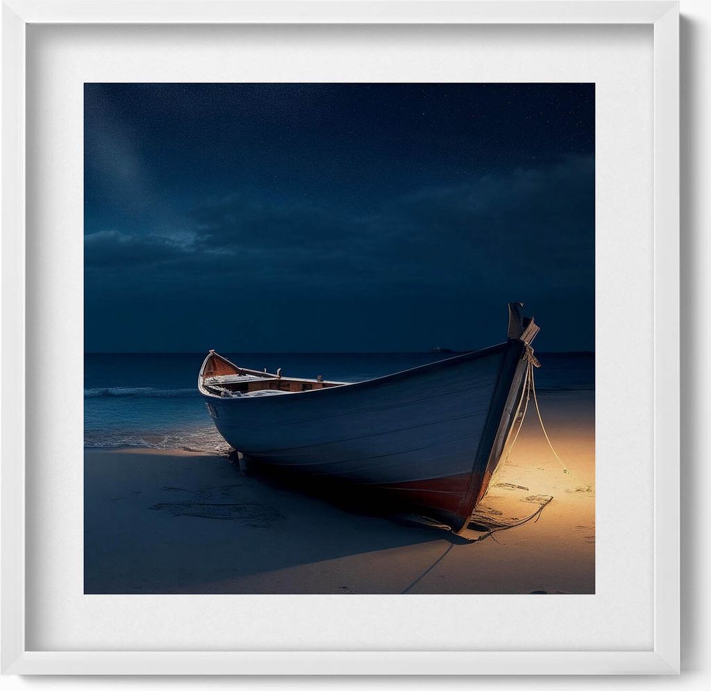 Boot auf einer Strandbirke bei Nacht– Wandbild mit Rahmen – Gerahmtes Bild – Wanddekoration – 50x50 cm – Weiß Rahmen